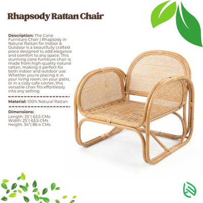 Rattan chair with product description and specifications on a white background