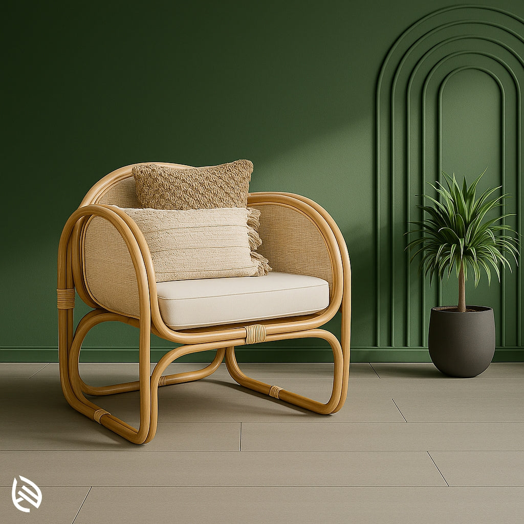 Curved rattan armchair with looped frame and beige textured cushions for living room decor