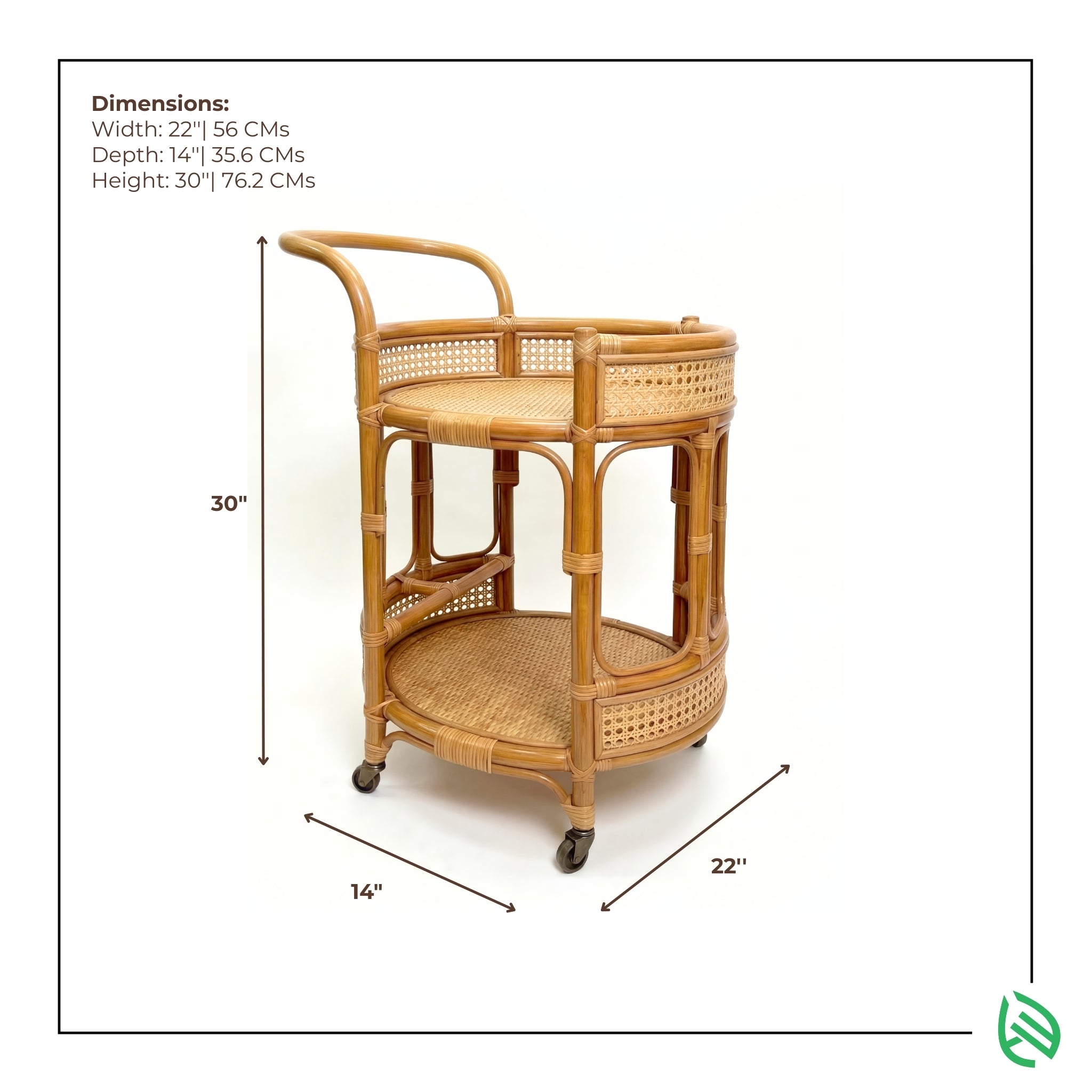 Wicker bar cart with dimensions labeled on a white background