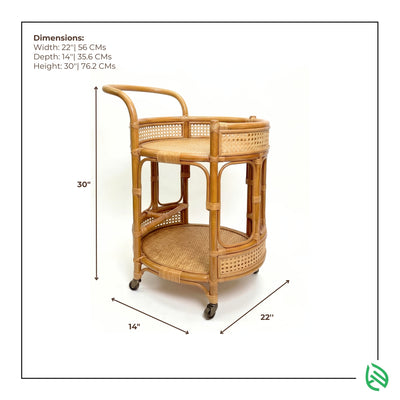 Wicker bar cart with dimensions labeled on a white background