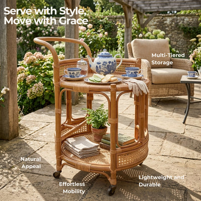 Wicker serving cart on a patio with outdoor furniture and plants.