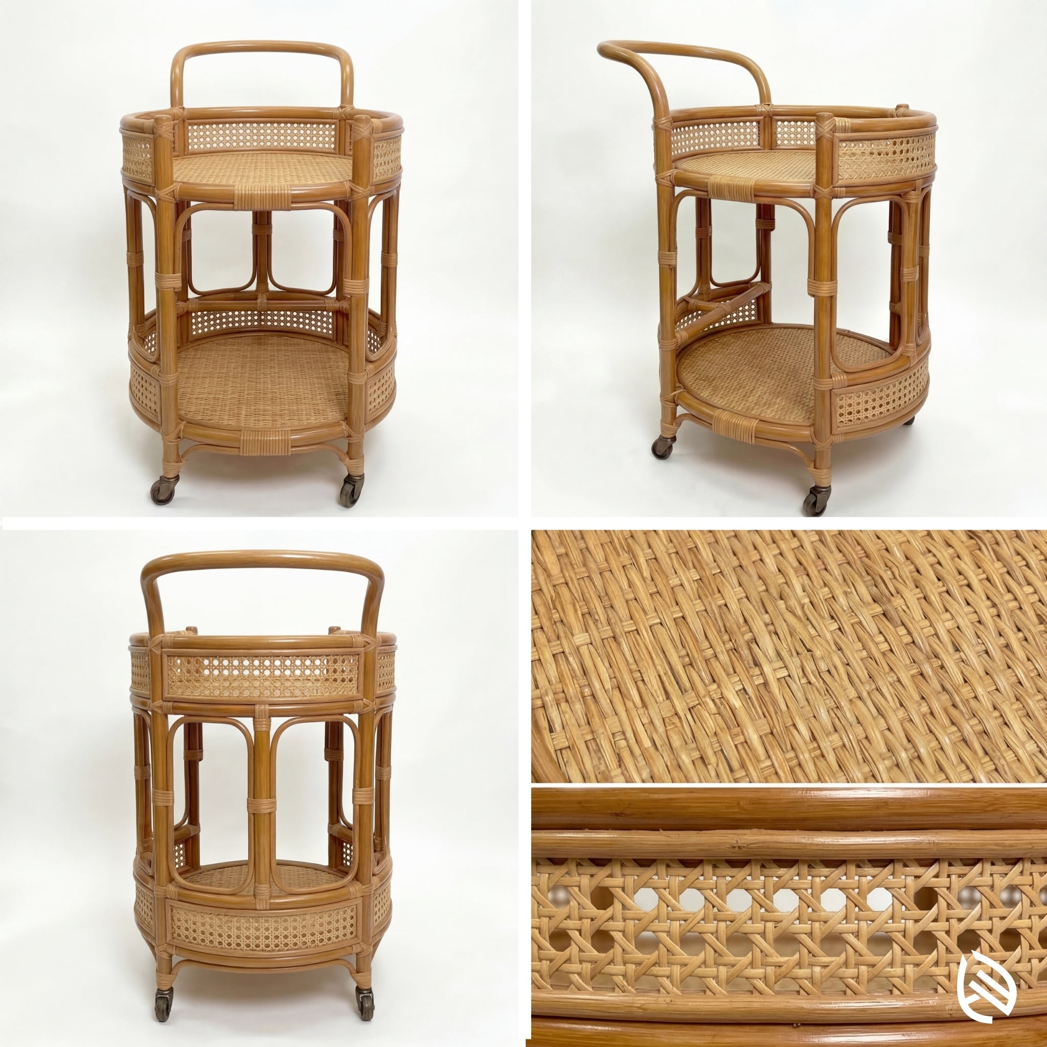 Wicker bar cart with detailed wickerwork on a white background