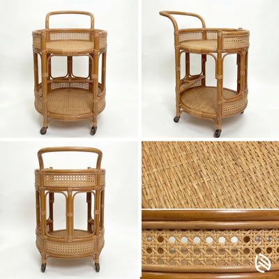 Wicker bar cart with detailed wickerwork on a white background