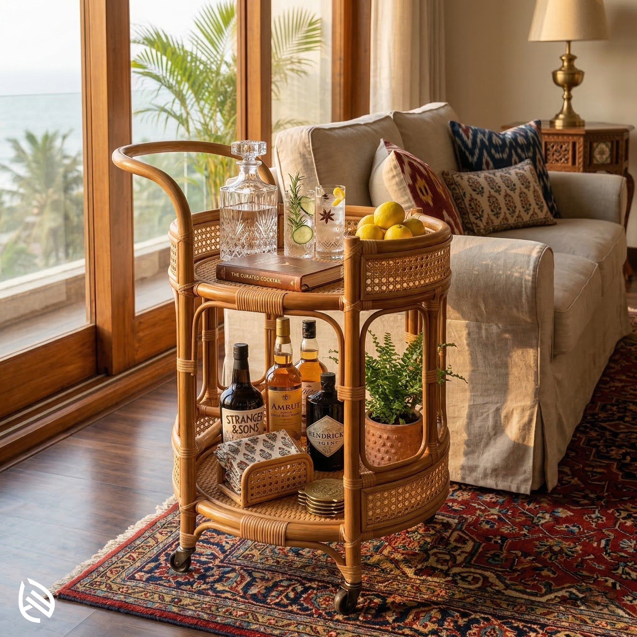Wicker bar cart with drinks and snacks in a living room setting