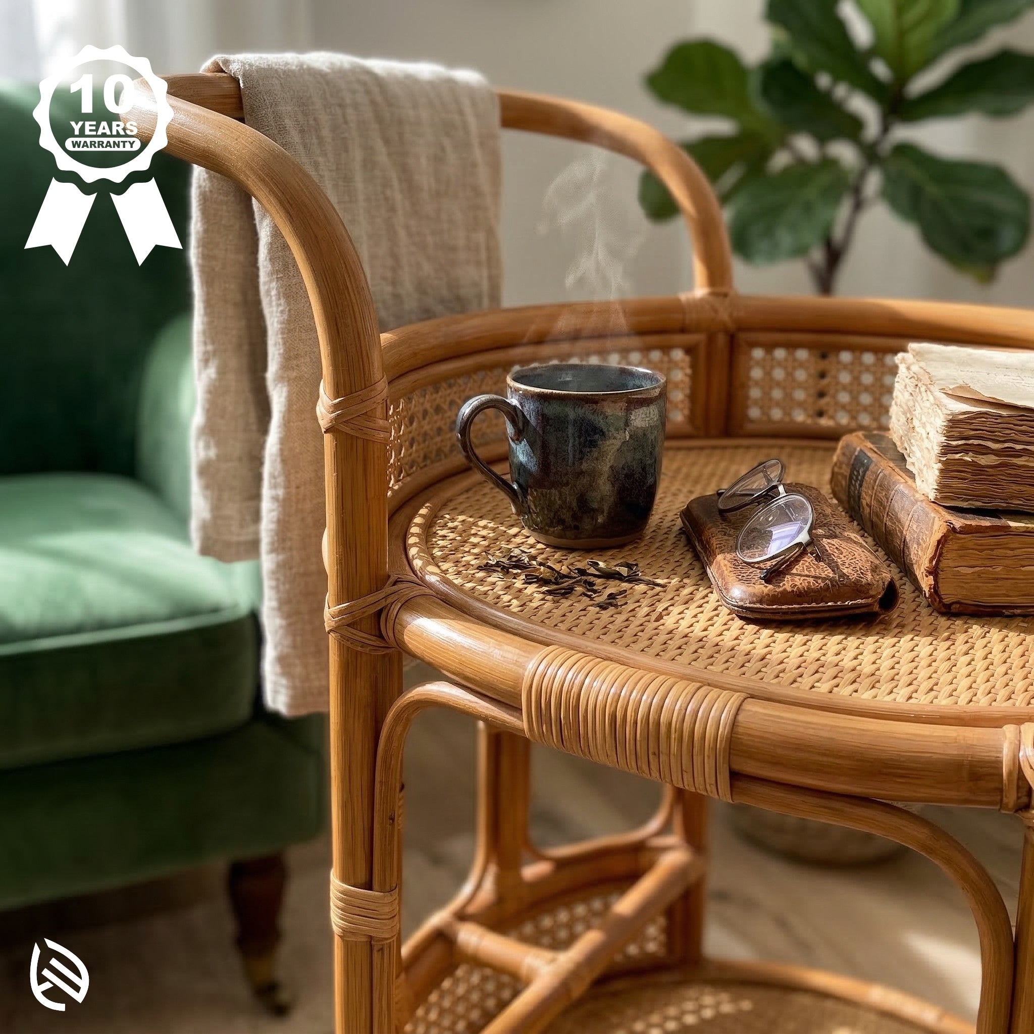 Wicker serving cart with a mug, books, and glasses on a table in a cozy room.