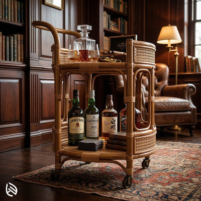 Wicker bar cart with whiskey bottles in a cozy room setting