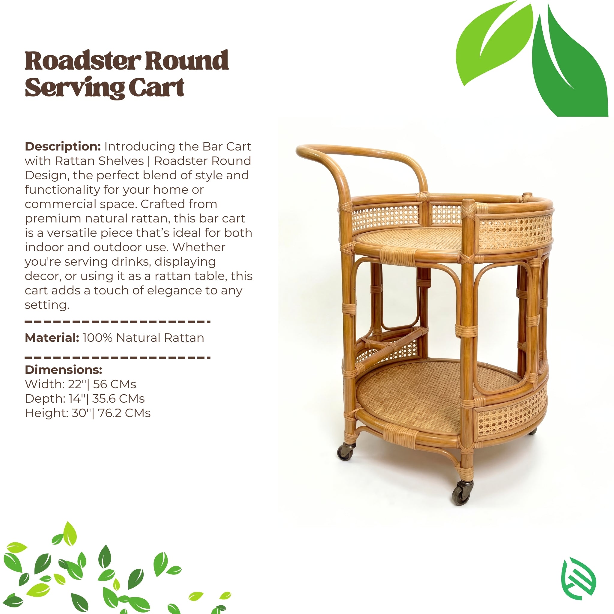 Wicker serving cart with rattan shelves on a white background, featuring product details.