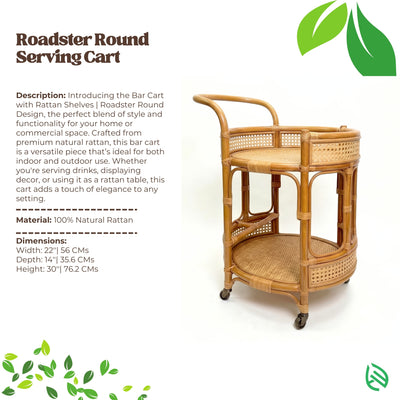 Wicker serving cart with rattan shelves on a white background, featuring product details.