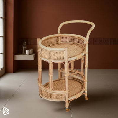 Round rattan bar cart with two levels and arched handle, handcrafted for modern homes and cafes