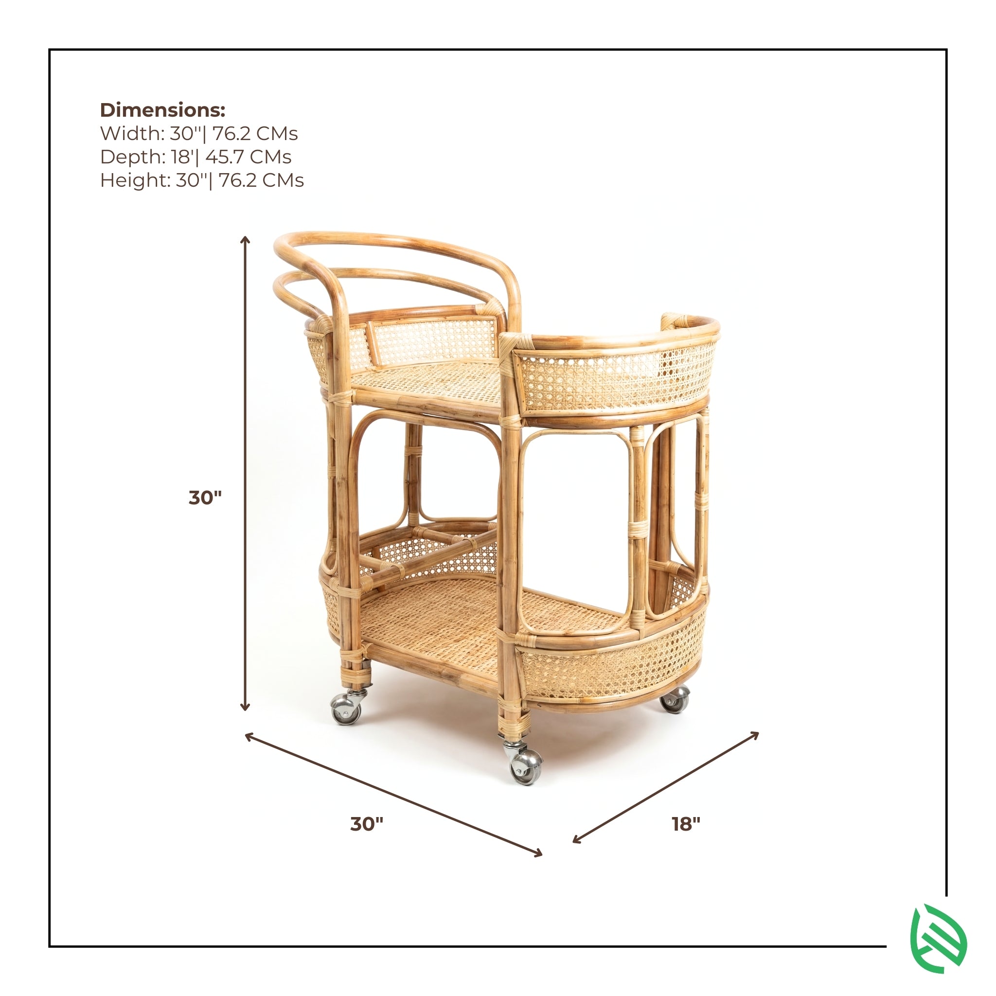 Wicker bar cart with dimensions on a white background