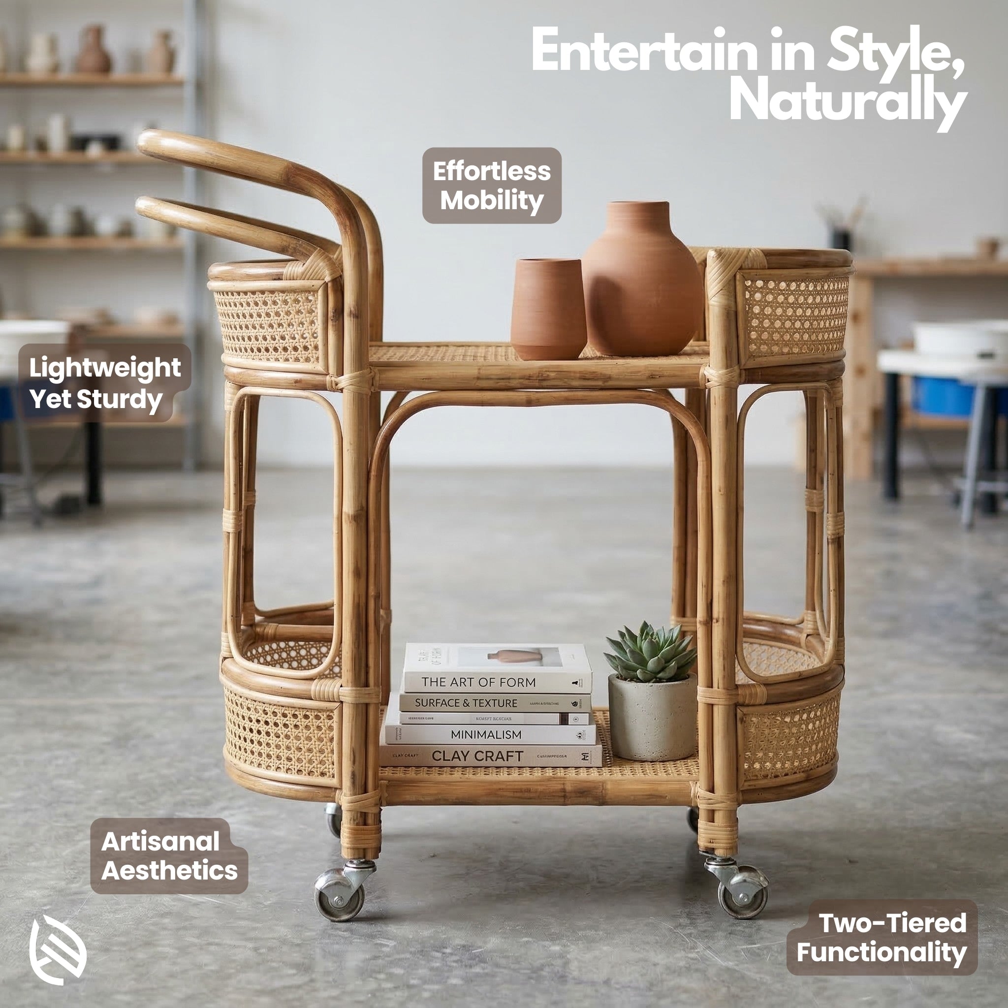 Rattan serving cart with books, plants, and vases in a modern interior setting.