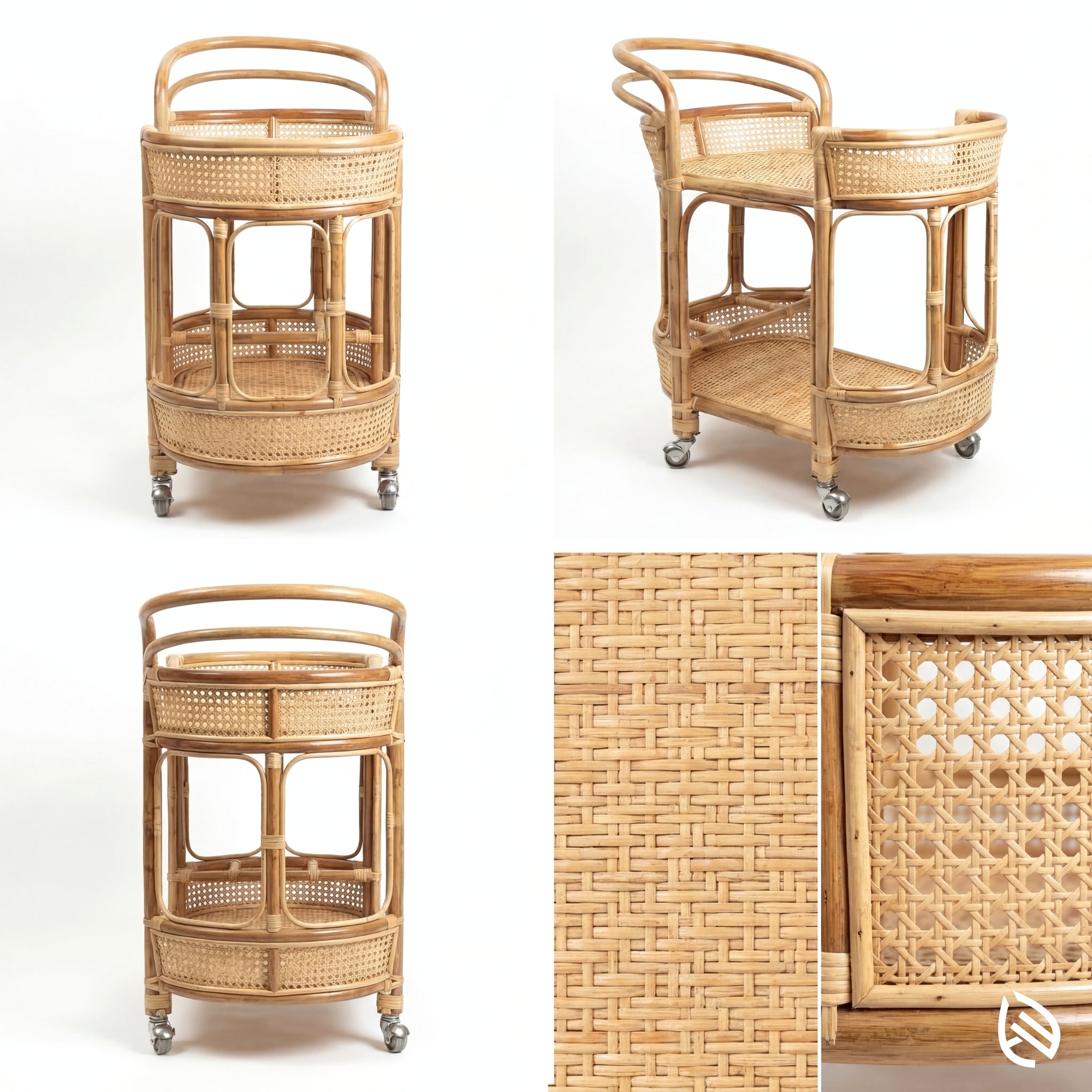Wicker bar cart with close-up of wicker texture on a white background