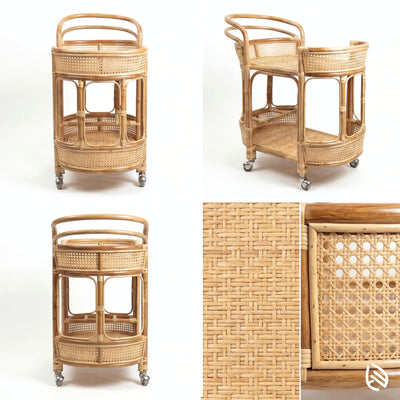 Wicker bar cart with close-up of wicker texture on a white background