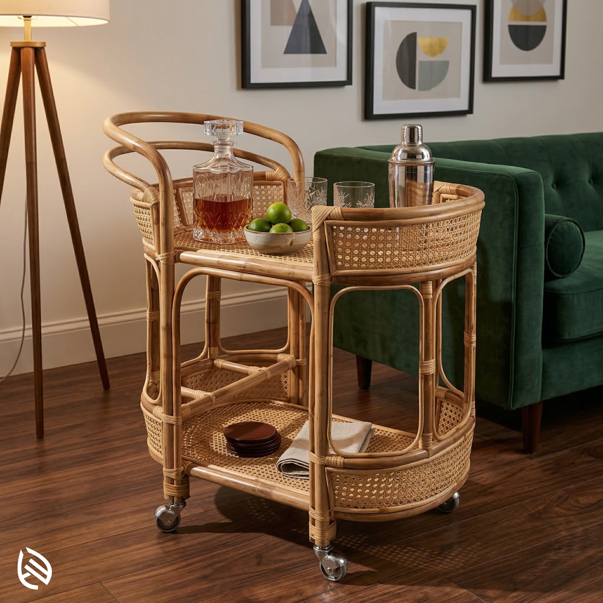 Wicker bar cart with drinks and snacks in a living room setting