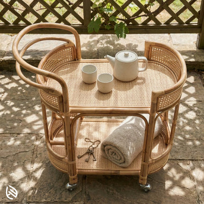 Wicker bar cart with tea set on a stone patio