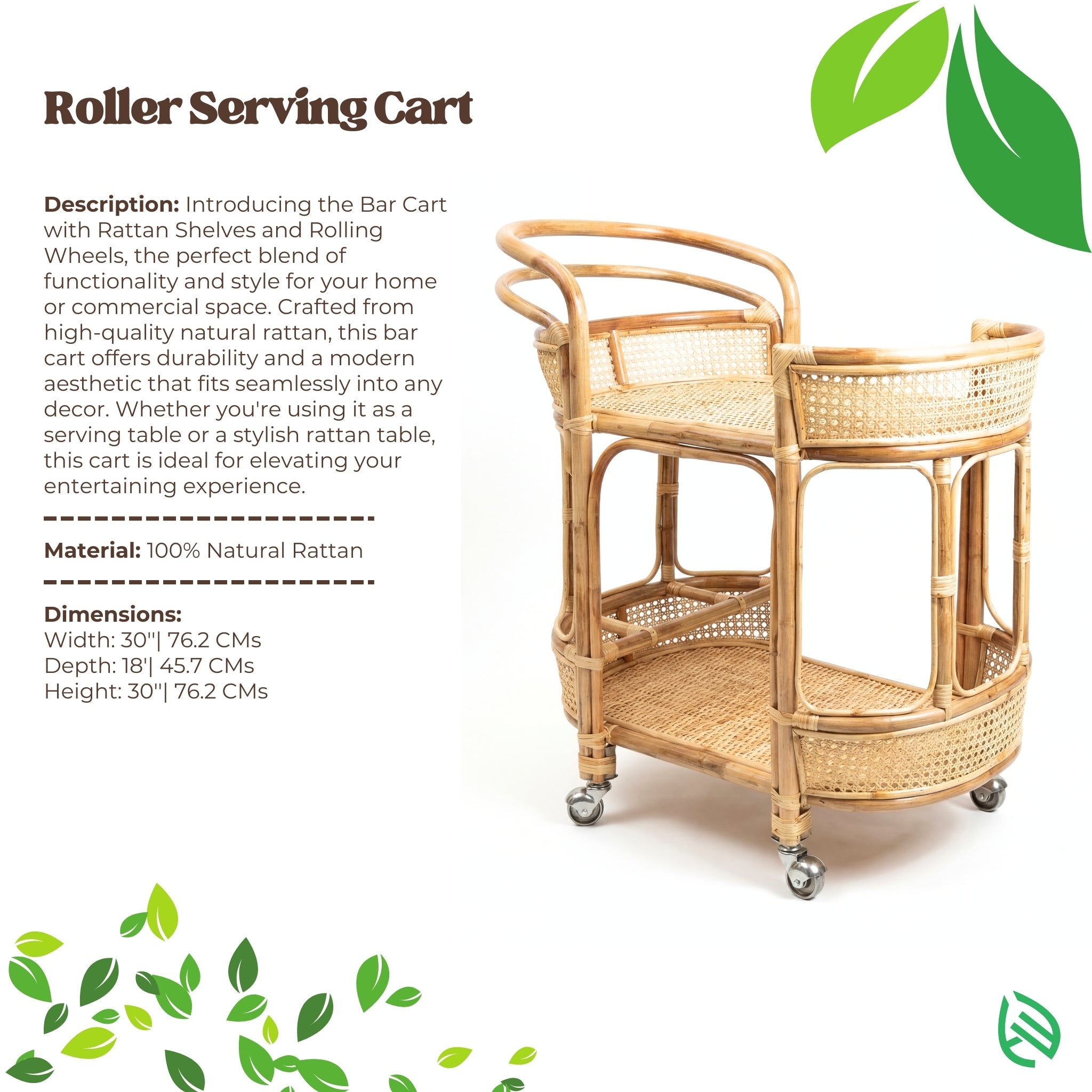 Wicker serving cart with text on a white background