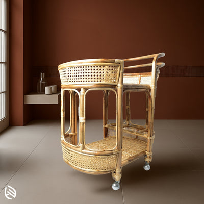 Rustic-style natural rattan serving cart with rounded corners and caster wheels, ideal for mobile hosting