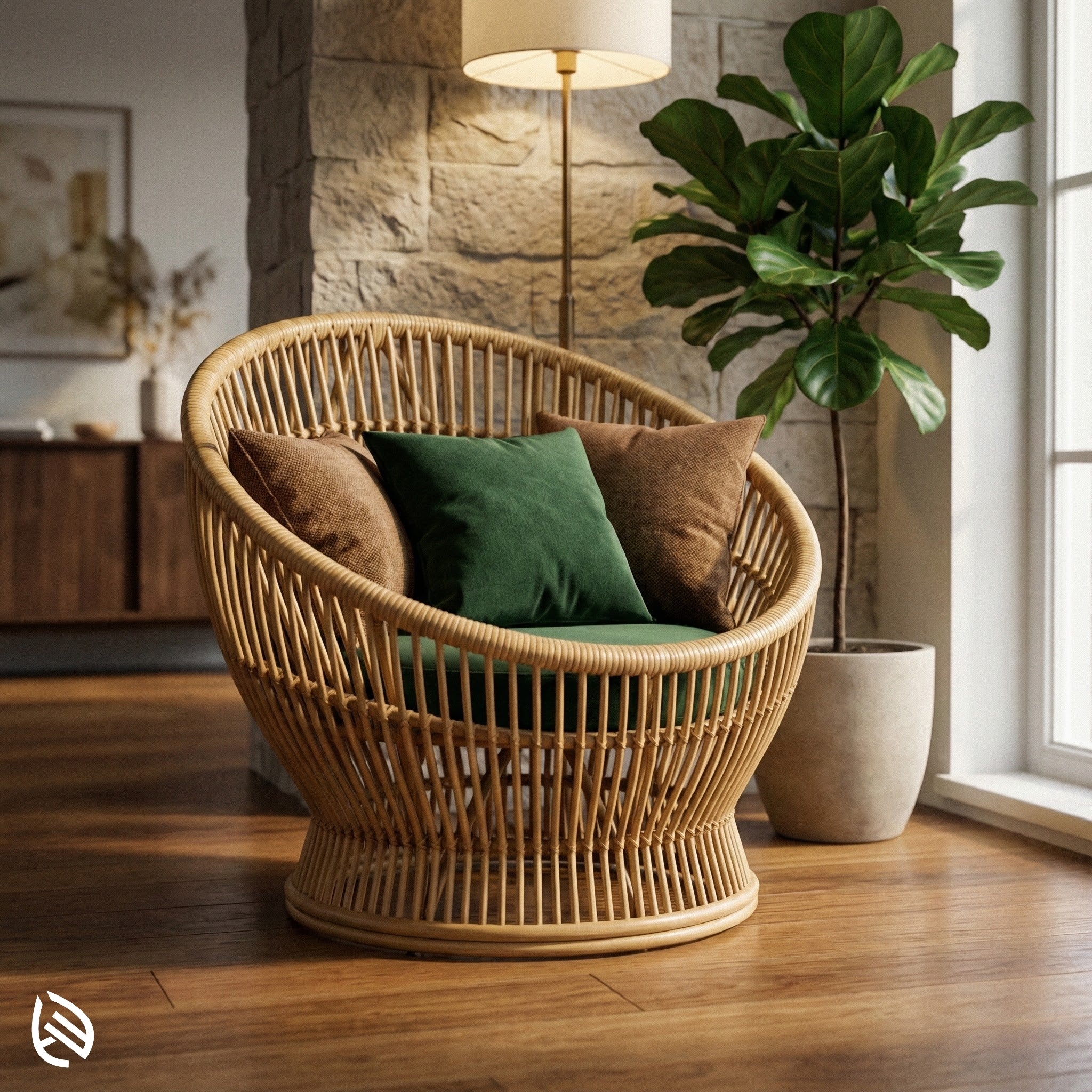 Wicker chair with cushions in a cozy living room setting