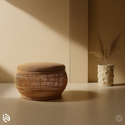 Round rattan pouffe with soft cushioned top and barrel-shaped base, ideal for living spaces and bedrooms