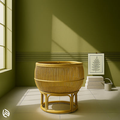 Large round rattan planter with slatted barrel-style design, great for statement indoor greenery