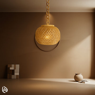 Spherical bamboo pendant light with fine crisscross weave, suspended in a cozy beige interior