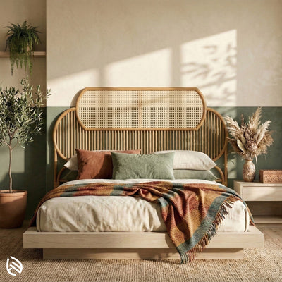 Bedroom with a wooden bed and decorative pillows, featuring a natural color palette.