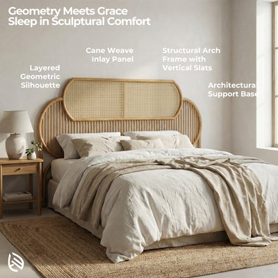 Bedroom with a wooden headboard and bedding, featuring text about design elements.