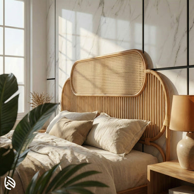 Bedroom with a rattan headboard, pillows, and a lamp.