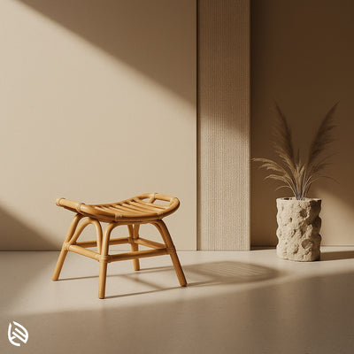 Handcrafted cane footrest stool with curved slatted seat, made from sustainable natural rattan
