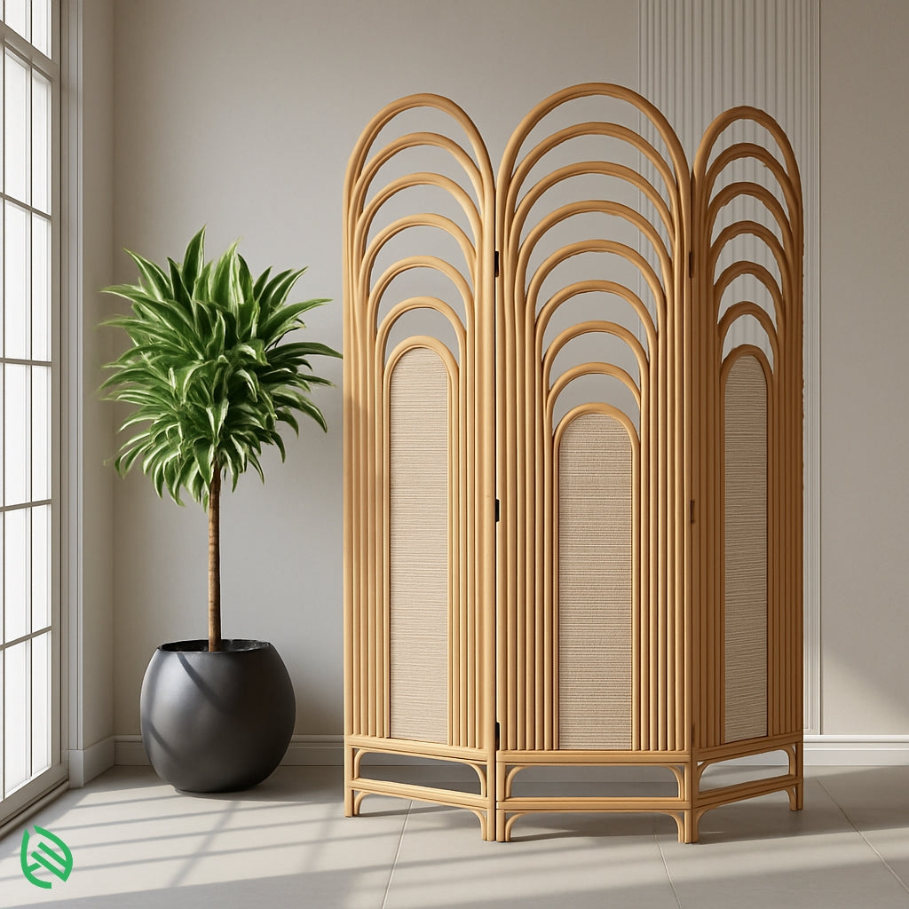 Three-panel rattan folding screen with overlapping arch design, ideal as a decorative room partition