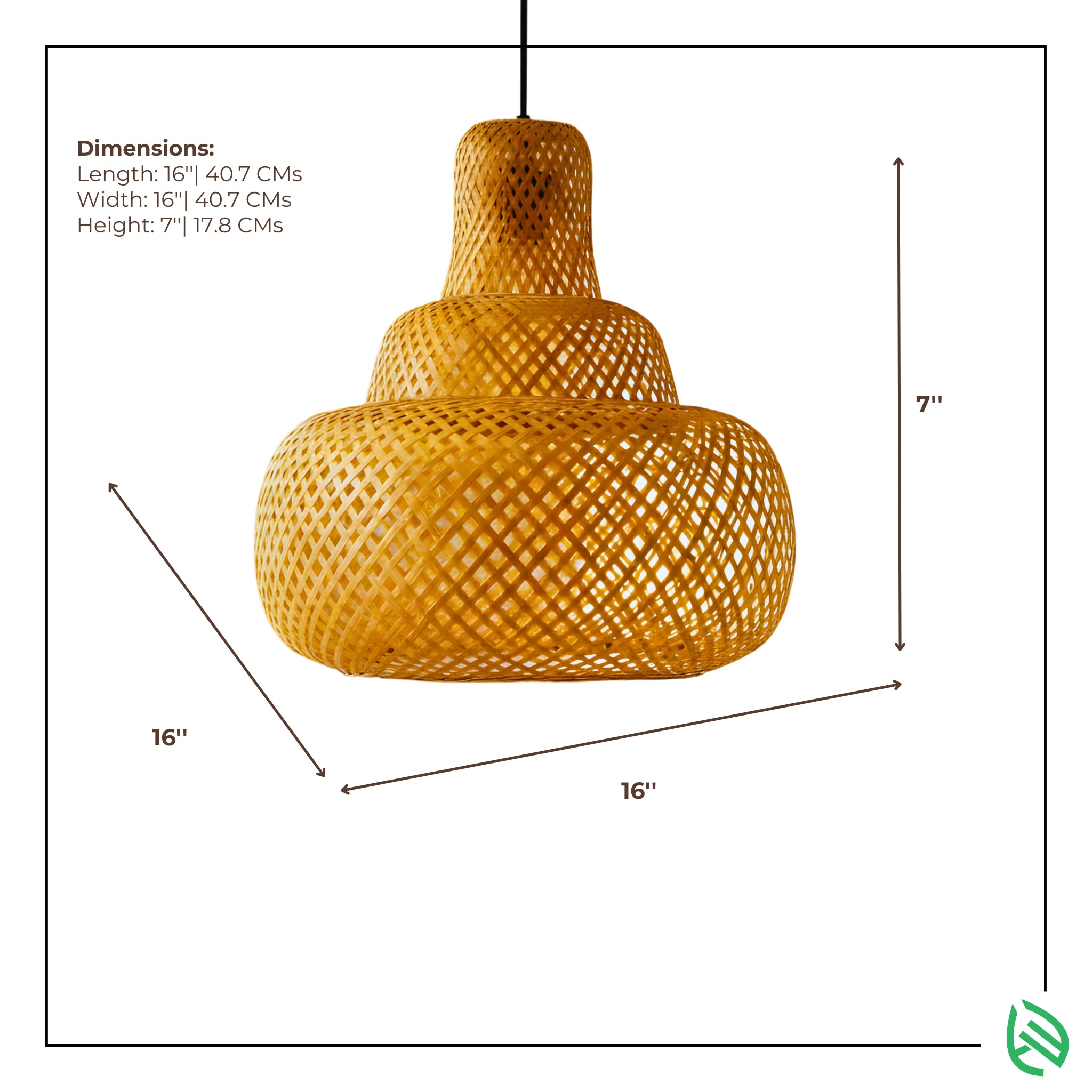 Dimensions graphic - Sereni Glow bamboo pendant 16×16×7 inches with measurement arrows.