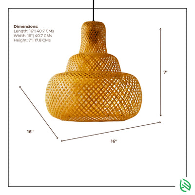 Dimensions graphic - Sereni Glow bamboo pendant 16×16×7 inches with measurement arrows.
