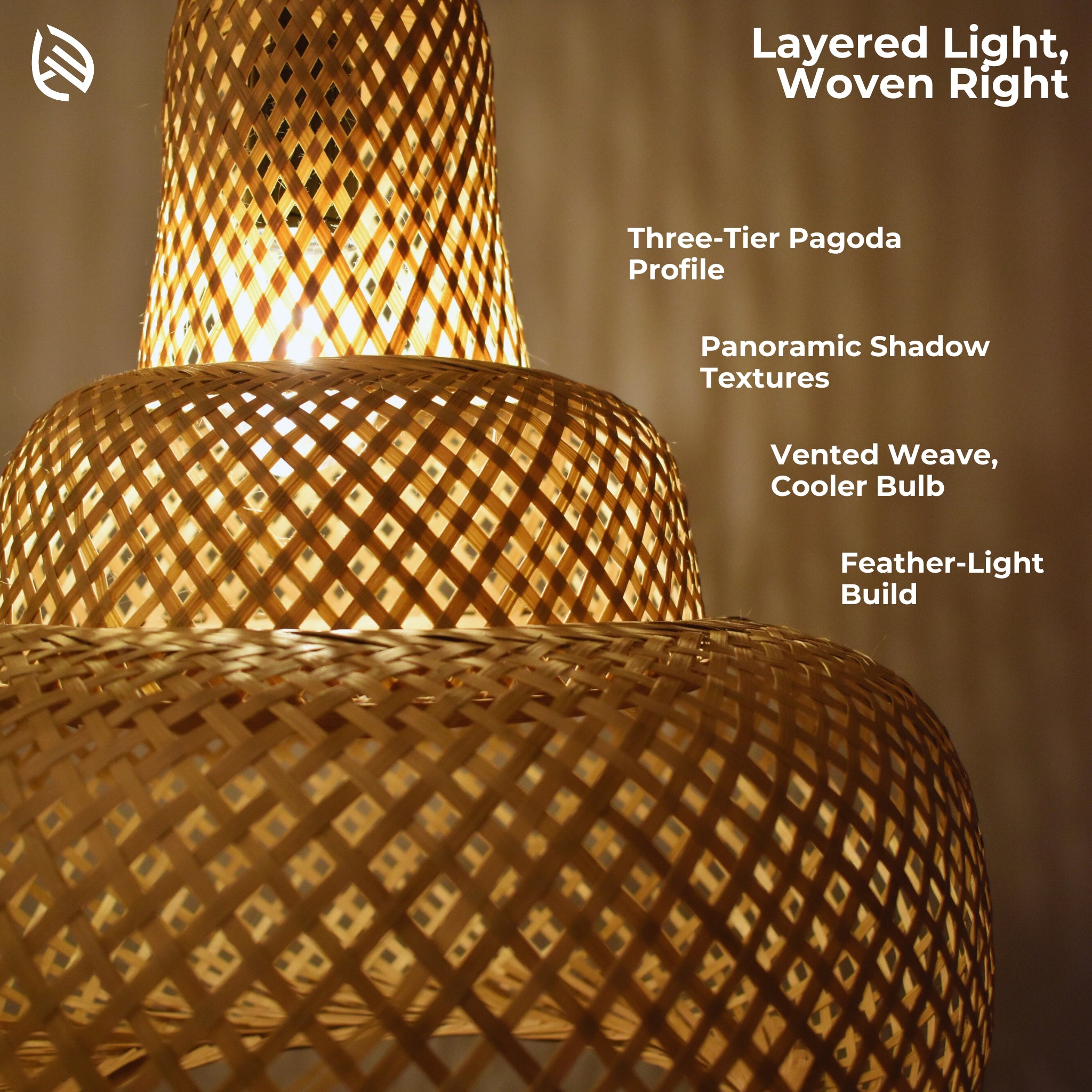Feature graphic - three-tier pagoda profile, panoramic shadow textures, vented weave, light build.