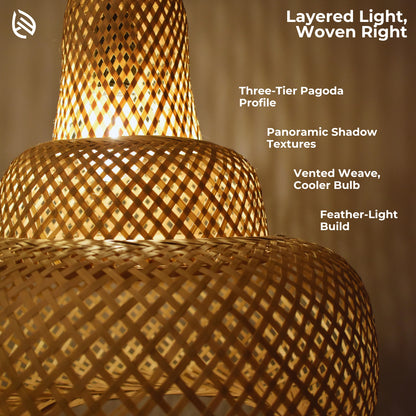 Feature graphic - three-tier pagoda profile, panoramic shadow textures, vented weave, light build.