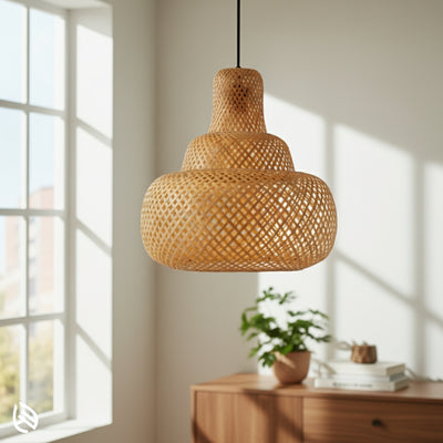 Sereni Glow bamboo pendant in daylight by window; three-tier pagoda silhouette, natural finish.