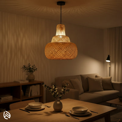 Sereni Glow over dining nook at night; warm ambient halo with patterned wall shadows.