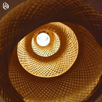 Underside spiral view through three woven tiers of Sereni Glow lampshade with E27 bulb.