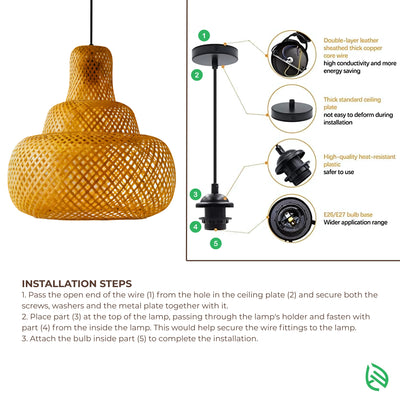 Installation infographic - ceiling canopy, cord and E27/E26 holder steps for Sereni Glow pendant.