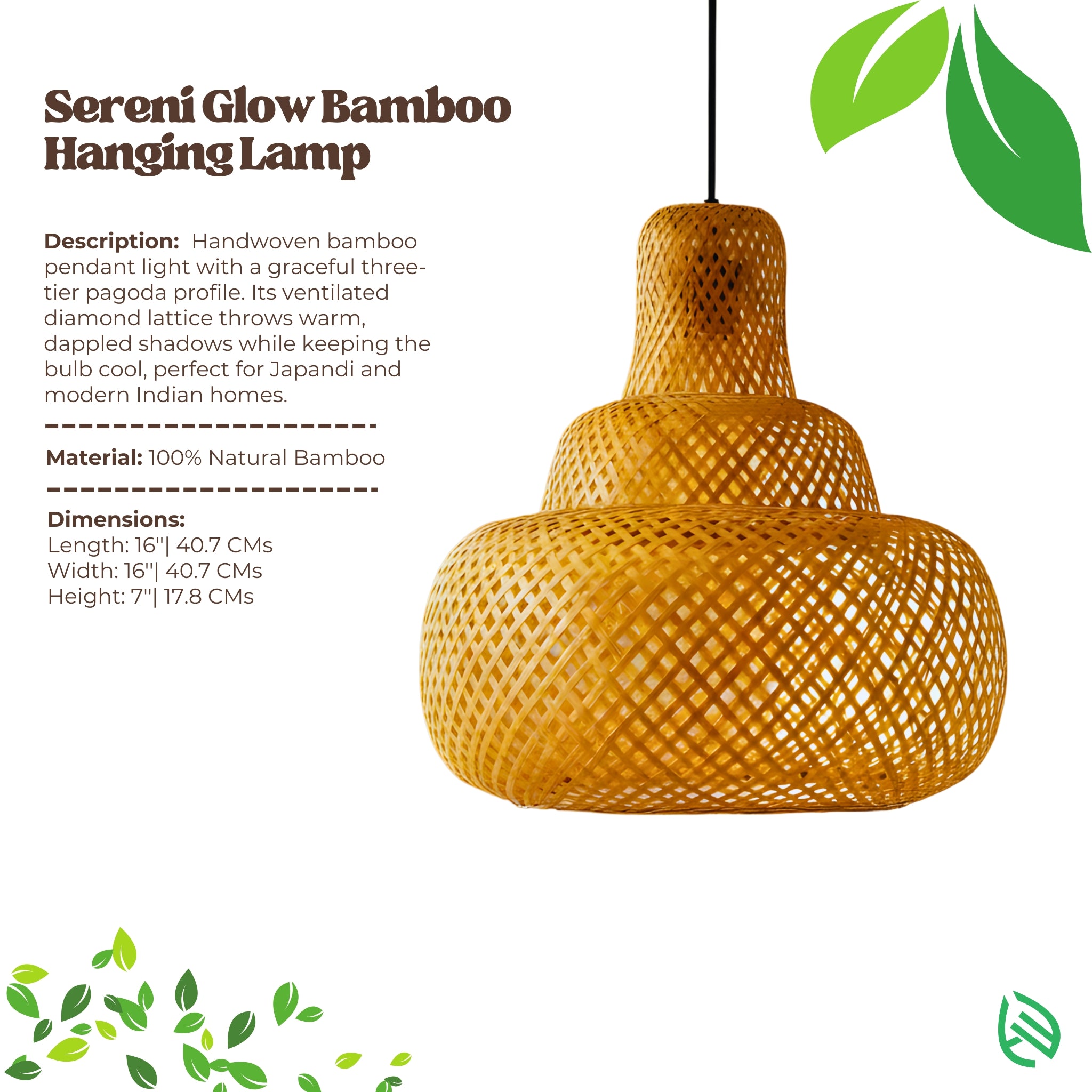 Product card - Sereni Glow Bamboo Hanging Lamp with description, material and dimensions.
