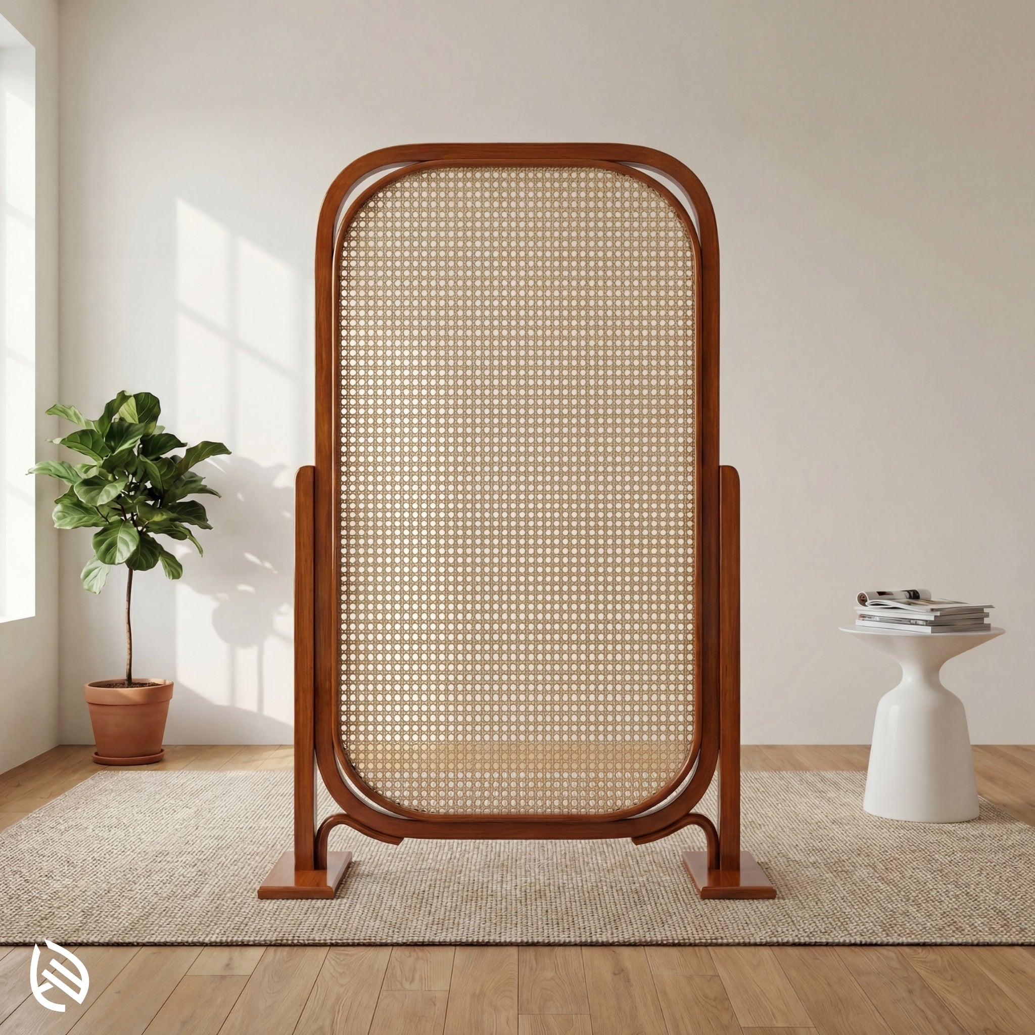 Wooden room divider with wicker design in a modern interior setting