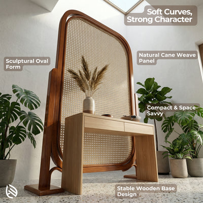 Wooden vanity with cane-weave panel in a room with plants