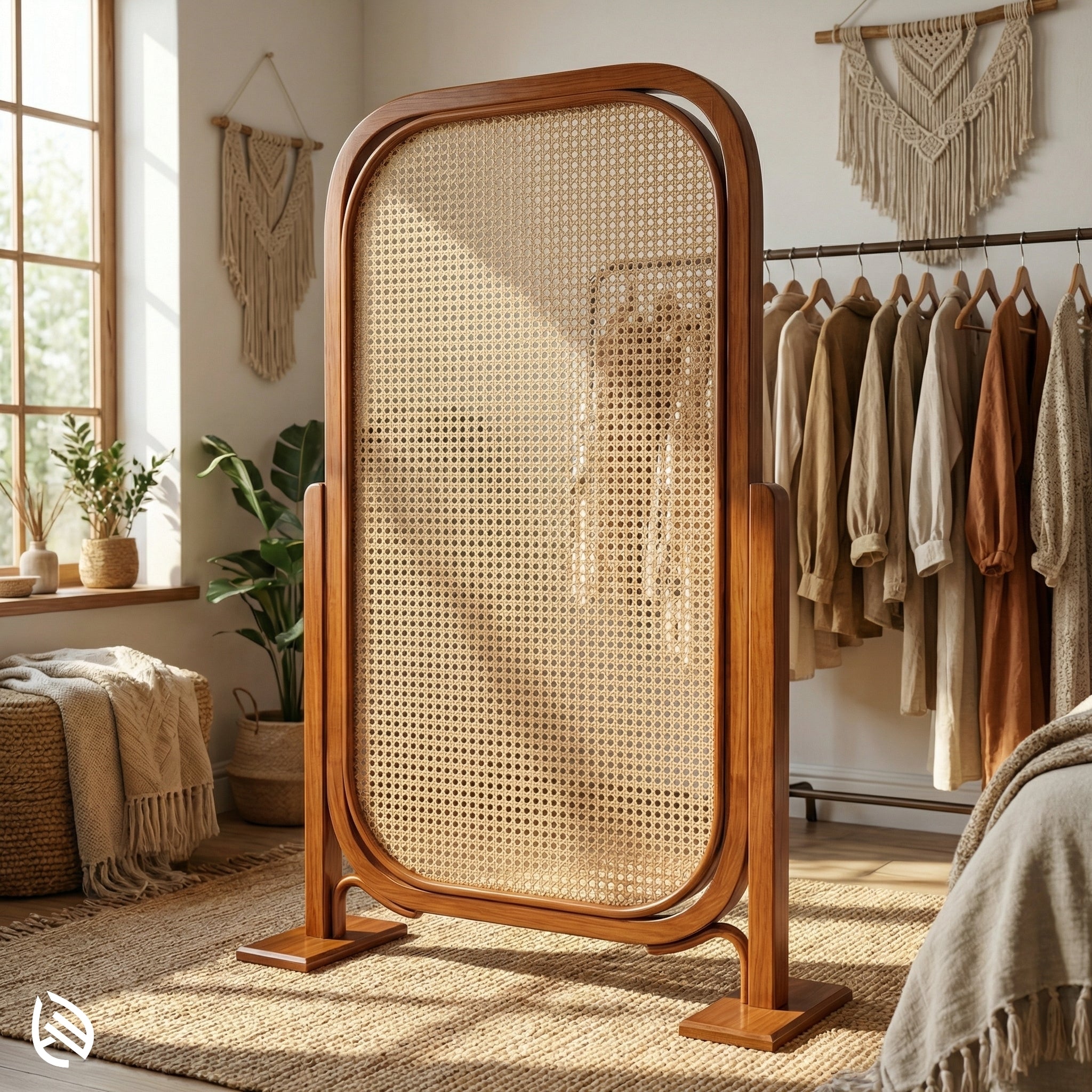 Wooden screen with wicker design in a room with clothing and plants