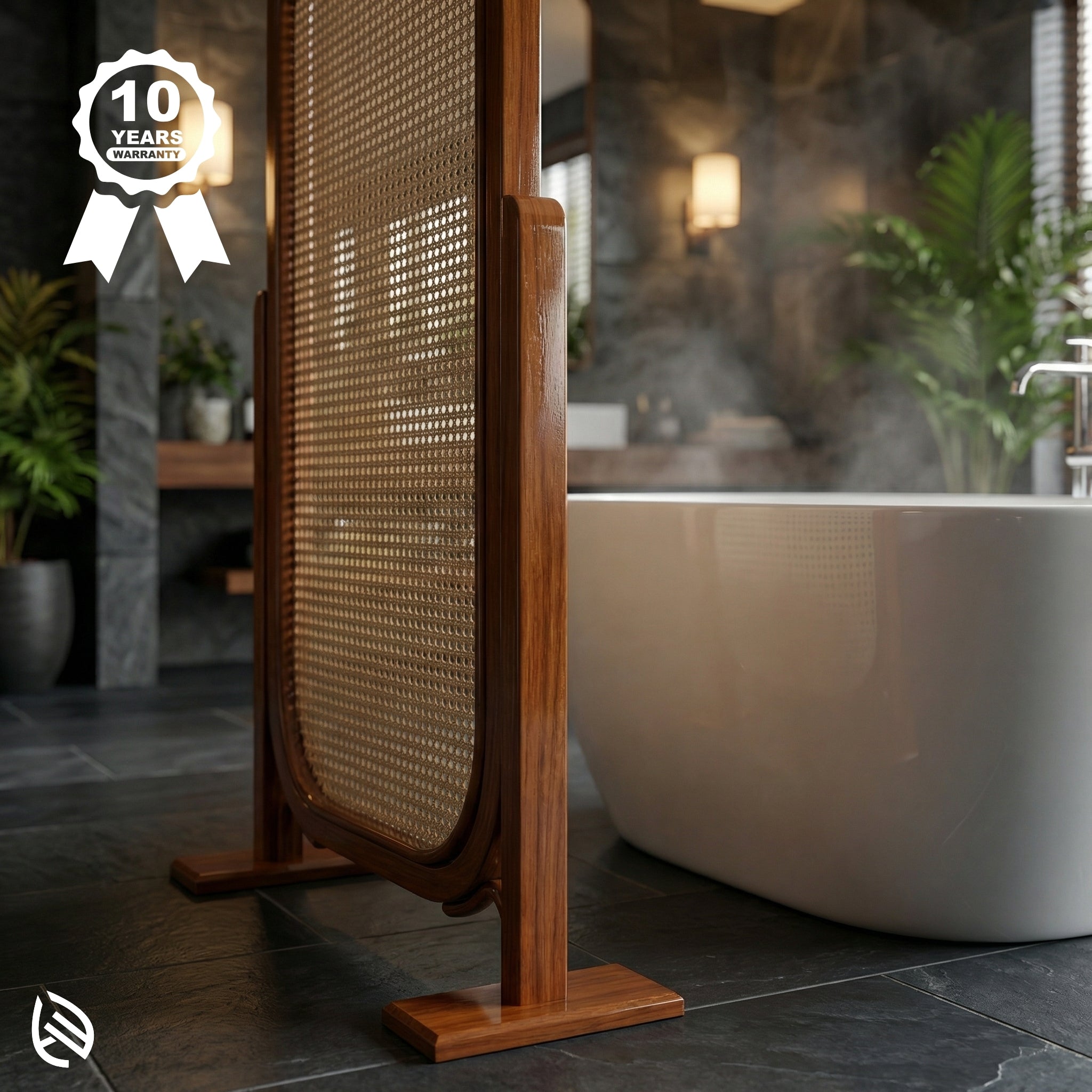 Wooden screen with woven design in a bathroom setting