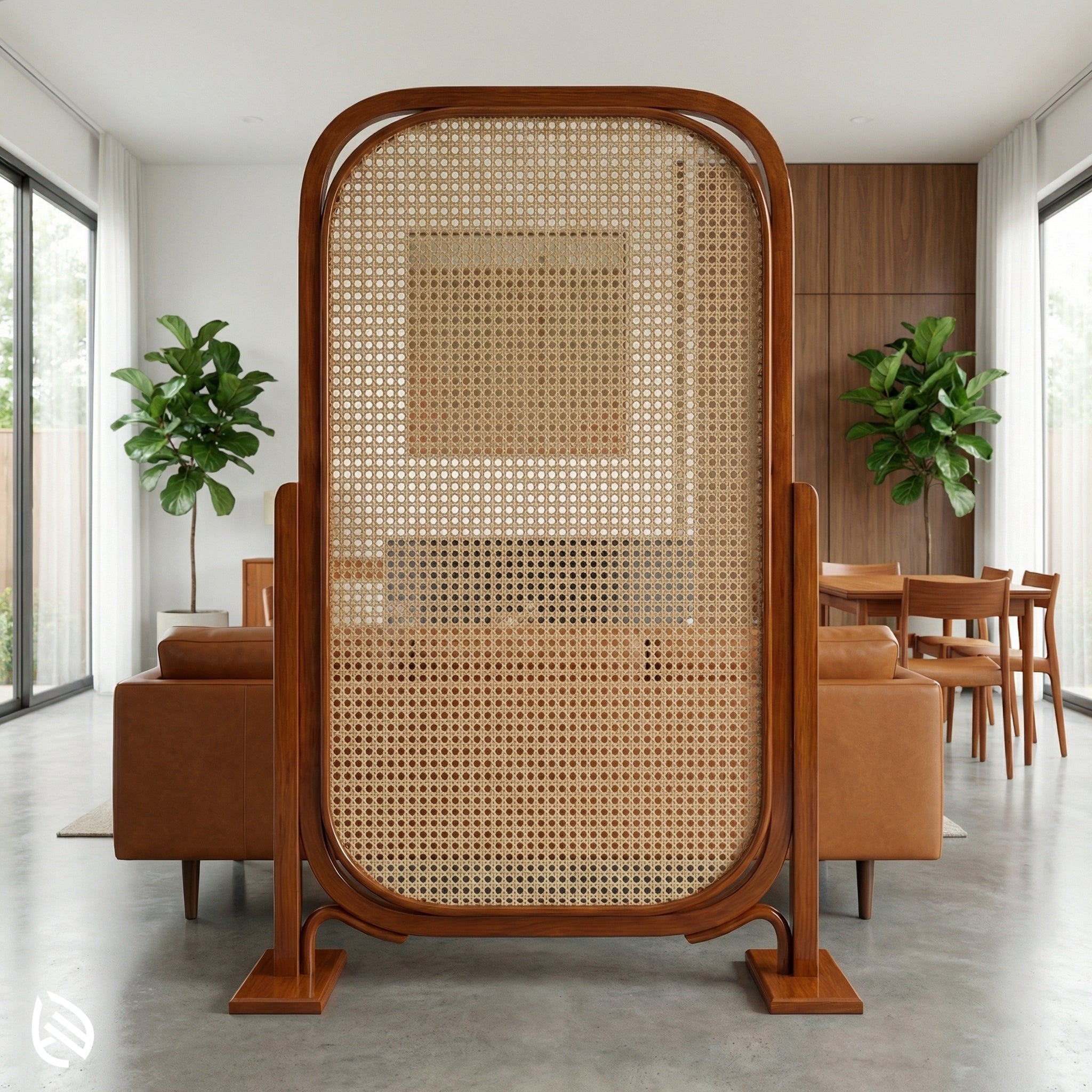 Woven room divider in a modern interior setting with furniture and plants.