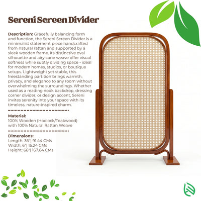 Sereni Screen Divider with description and product details on a white background