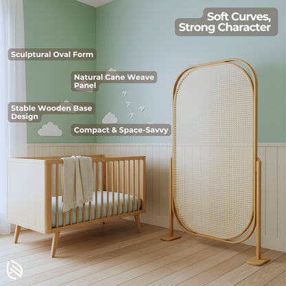 Feature callouts: sculptural oval form, stable wooden base, compact divider