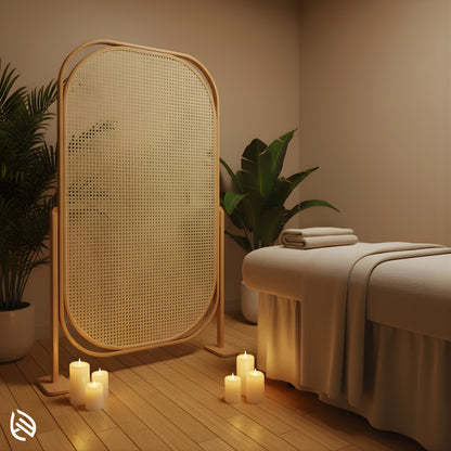 Spa setting with candles and Sereni Screen natural cane privacy screen