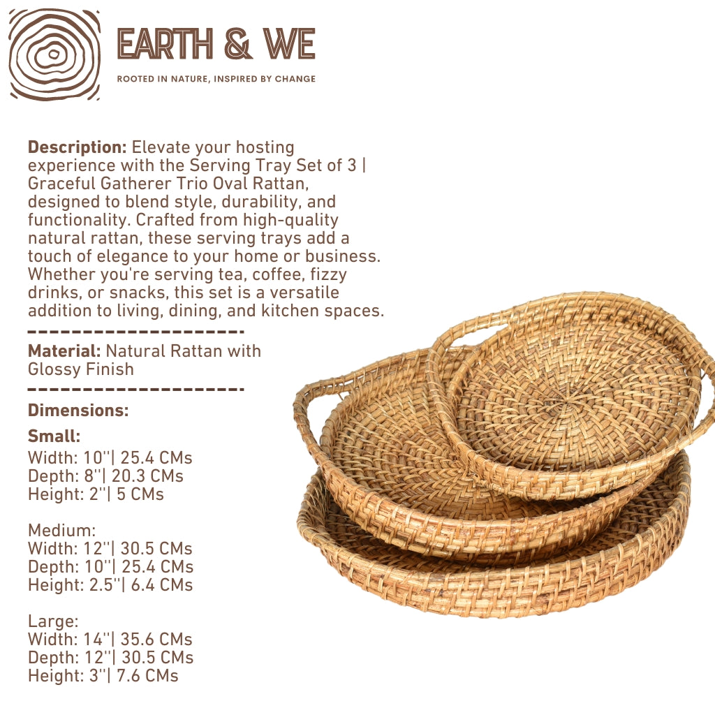 Set of 3 rattan serving trays