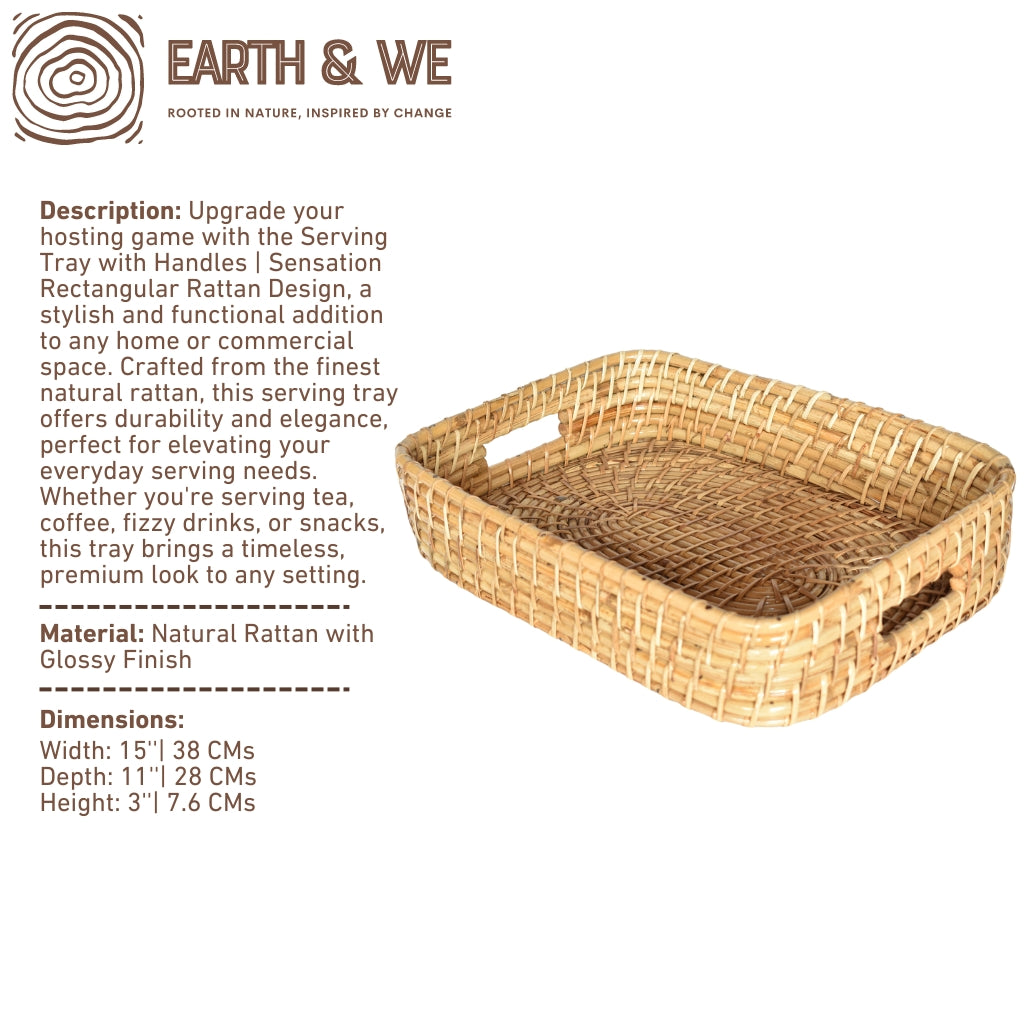 Natural rattan serving tray with handles