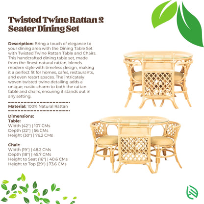 Specs sheet for Twisted Twine Glass Top Table Set - 100% natural rattan; table 42″W × 22″D × 30″H; chair 19″W × 18″D, seat height 16″, overall height 29″.